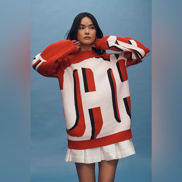 NWT! Anthropologie Maeve Oversized Graphic Monogram Sweater - Medium 💎 - Picture 1 of 12